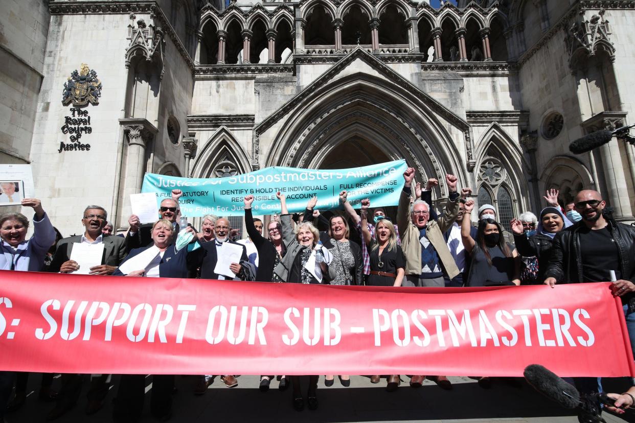 File photo dated 23/04/21 of former post office workers celebrating outside the Royal Courts of Justice, London, after their convictions were overturned by the Court of Appeal. Neil Hudgell, who represented 29 of the cleared subpostmasters, has told BBC Breakfast on Saturday they will seek compensation over the Horizon scandal. Issue date: Saturday April 24, 2021.