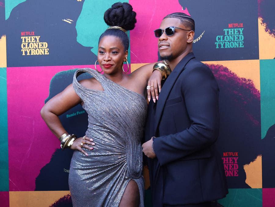 Teyonah Parris and John Boyega make a cool pair at the “They Cloned Tyrone” premiere in Hollywood. (Netflix)