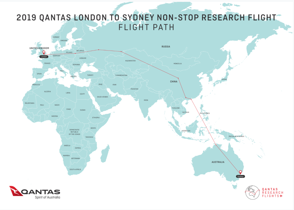 The path flown by Qantas’s non-stop flight from London to Sydney last month, which took 19 hours and 19 minutes (Qantas handout/PA)