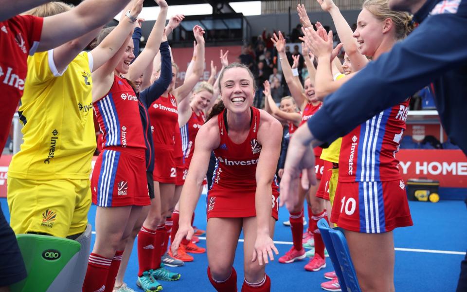 Grace Balsdon of Great Britain is given a guard of honour after she plays her 50th combined GB and England match during the Women's FIH Field Hockey Pro League match between Great Britain and Belgium at Lee Valley Hockey and Tennis Centre on May 19, 2019 in London, United Kingdom.  - GETTY IMAGES