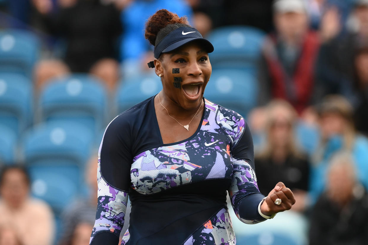 EASTBOURNE, ENGLAND - JUNE 21:  Serena Williams of United States of America celebrates with Ons Jabeur of Tunisia (off camera) after their victory over Marie Bouzkova of Czech Republic and Sara Sorribes Tormo of Spain in the Women's Doubles Round One match on Day 4 of the Rothesay International at Devonshire Park on June 21, 2022 in Eastbourne, England. (Photo by Mike Hewitt/Getty Images)