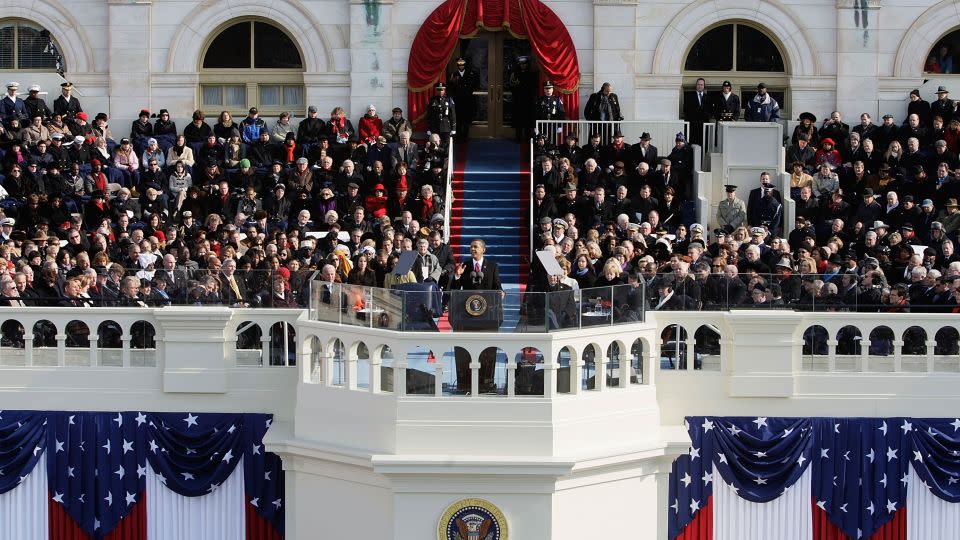 Obama gives his inaugural address during his inauguration as the 44th President of the United States of America on the West Front of the Capitol on January 20, 2009, in Washington. - Alex Wong/Getty Images