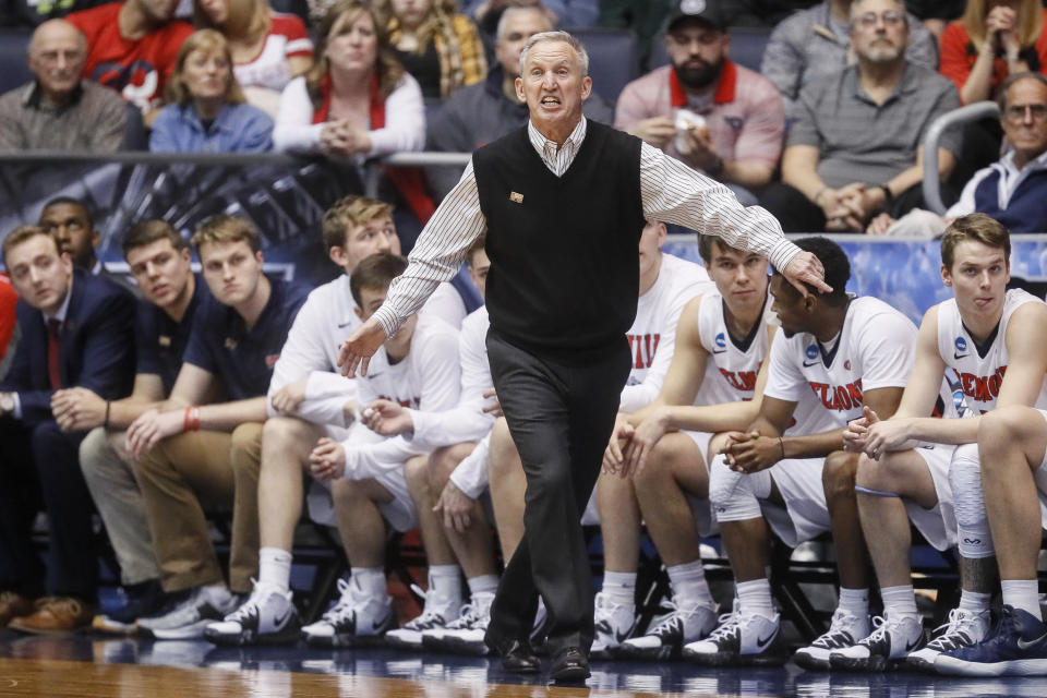 Belmont head coach Rick Byrd works the bench during the first half of a First Four game of the NCAA college basketball tournament against Temple, Tuesday, March 19, 2019, in Dayton, Ohio. (AP Photo/John Minchillo)