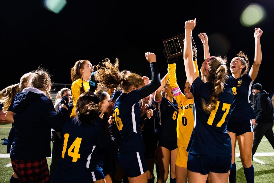 Lourdes players celebrate their win over Mount Academy during the girls Section 9 MHAL soccer championship game at Wallkill High School in Wallkill,. NY on Thursday, October 20, 2022. Lourdes defeated Mount Academy. KELLY MARSH/FOR THE POUGHKEEPSIE JOURNAL