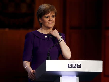 Scotland's First Minister Nicola Sturgeon of the Scottish National Party prepares to take part in the BBC Scotland leaders' debate in Aberdeen, Scotland April 8, 2015. REUTERS/Russell Cheyne