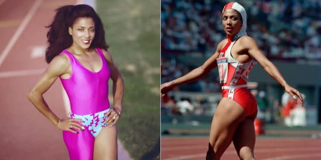 Flo-Jo's custom track suits were strikingly unique from other runners' looks. (Photo: Getty Images)