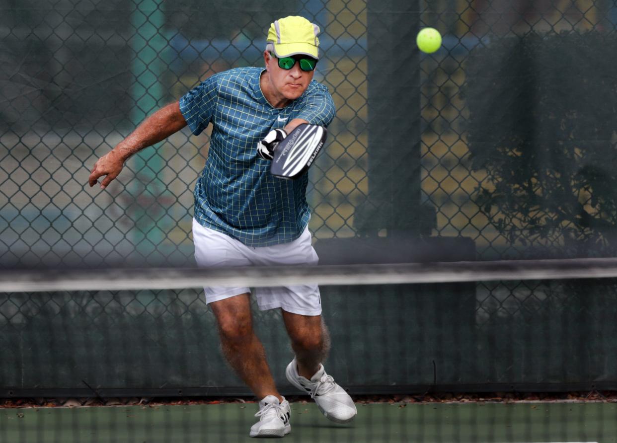 Frank Cerabino playing pickleball at the public courts in Lake Lytal Park in West Palm Beach.