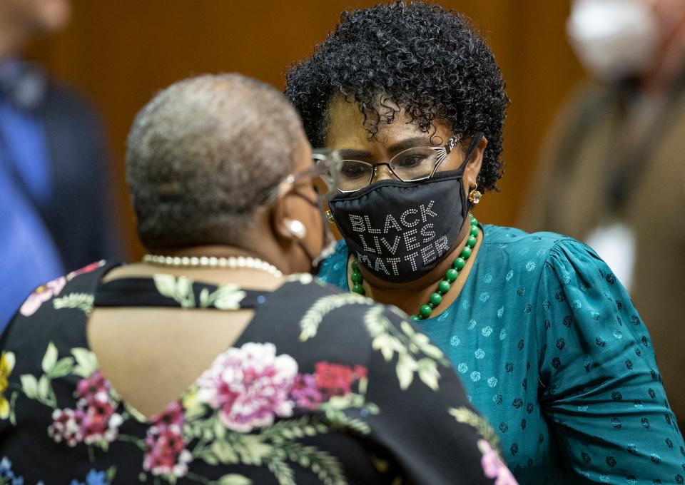 State Rep. Cherrish Pryor files in for the first day of legislative session Tuesday, Jan. 4, 2022, at the Indiana Statehouse in Indianapolis. 