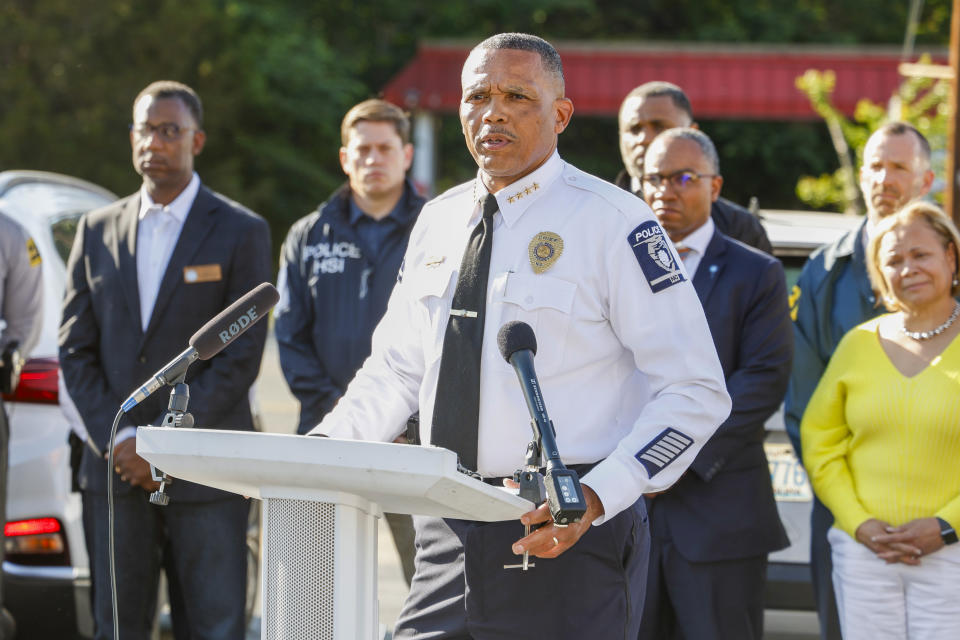 Charlotte-Mecklenburg Police Chief Johnny Jennings speaks at a press conference after multiple officers were shot while serving a warrant in Charlotte, N.C., Monday, April 29, 2024. (AP Photo/Nell Redmond)