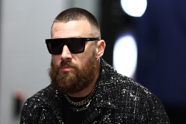 <p>Tim Nwachukwu/Getty</p> Travis Kelce arrives at Super Bowl 2024.