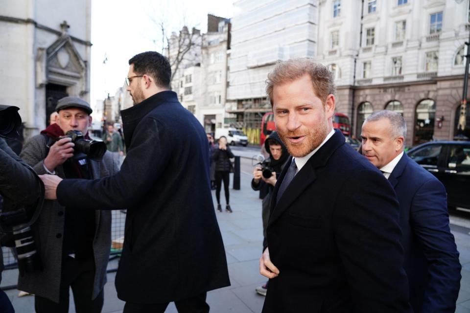 the duke of sussex arrives at the royal courts of justice, central london, ahead of a hearing claim over allegations of unlawful information gathering brought against associated newspapers limited anl by seven people the duke of sussex, baroness doreen lawrence, sir elton john, david furnish, liz hurley, sadie frost and sir simon hughes picture date monday march 27, 2023 photo by jordan pettittpa images via getty images