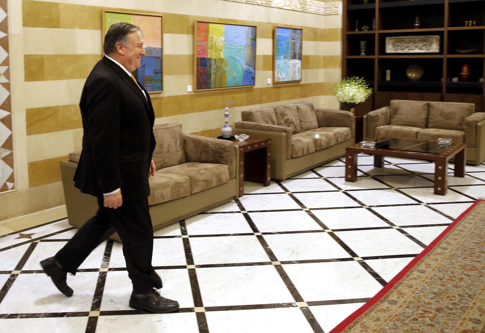 U.S. Secretary of State Mike Pompeo, arrives at the Government House to meets with Lebanese Prime Minister Saad Hariri, in Beirut, Lebanon, Friday, March. 22, 2019. Mike Pompeo arrived in Lebanon on Friday amid strong regional condemnation of President Donald Trump's declaration that it's time the U.S. recognized Israel's sovereignty over the Israeli-occupied Golan Heights. (AP Photo/Bilal Hussein)