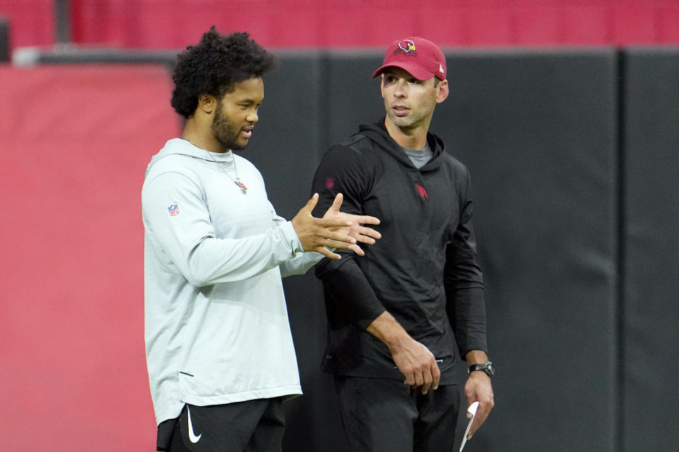 Cardinals quarterback Kyler Murray has the support — and the expectations — of new head coach Jonathan Gannon (right) and general manager Monti Ossenfort. (AP Photo/Ross D. Franklin)