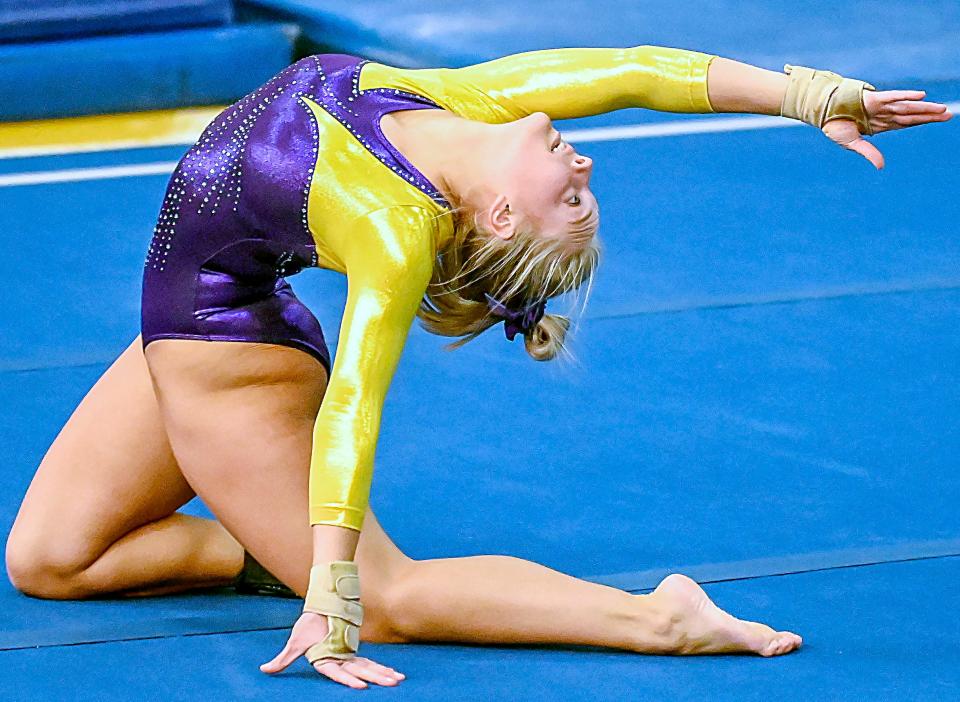 Watertown's Brooke Bollinger performs her floor exercise routine during the 2020 Jill McCormick Gymnastics Invitational at Mitchell High School.