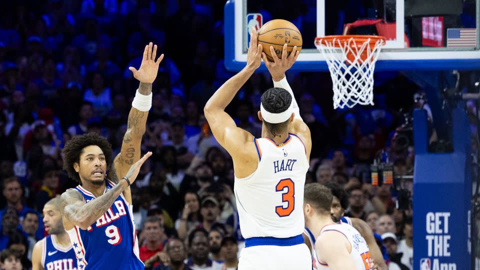 Josh Hart scores the game-winning three-pointer against the 76ers. - Bill Streicher/USA TODAY