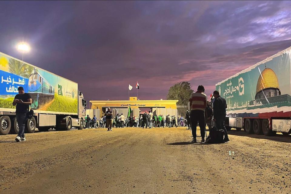 PHOTO: Humanitarian aid convoy for the Gaza Strip is parked at the Rafah crossing port, Egypt, Tuesday, Oct. 17, 2023. (Omar Aziz/AP)