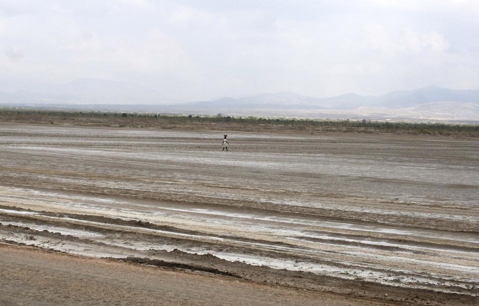 In this Wednesday, March 26, 2014 photo, a woman, who works in the nearby salt pans, walks across a barren field in Anse-Rouge, northwestern Haiti. Drought is hitting this region, one of the hungriest, most desolate parts of the most impoverished nation in the hemisphere and it has alarmed international aid organizations. (AP Photo/Dieu Nalio Chery)