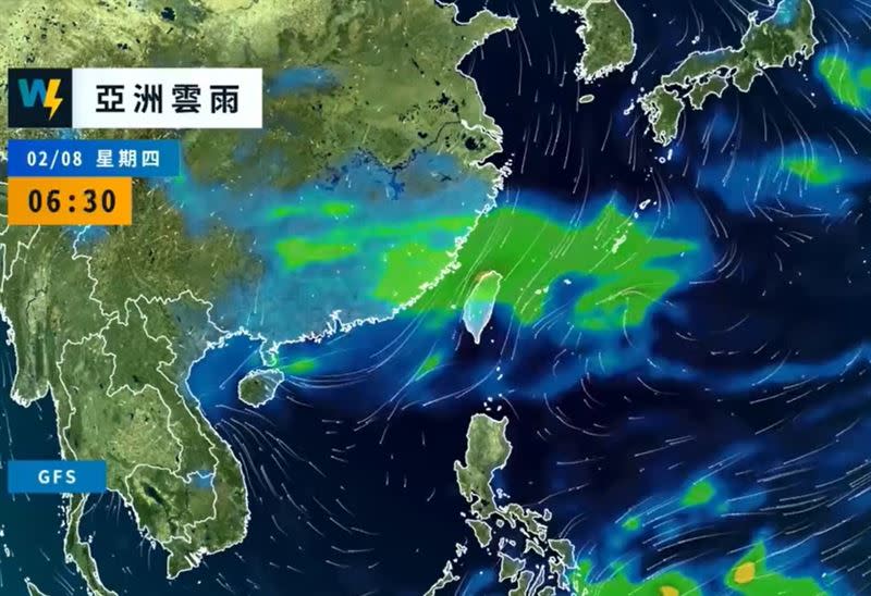 小年夜華南雲雨區通過，全台都有陣雨機會，是最不穩定的一天。（圖／翻攝自天氣風險 WeatherRisk 臉書）