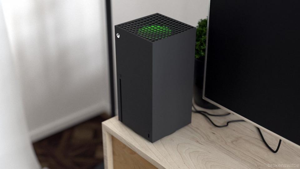 An Xbox Series X sits neatly next to the TV on a wooden entertainment center. 