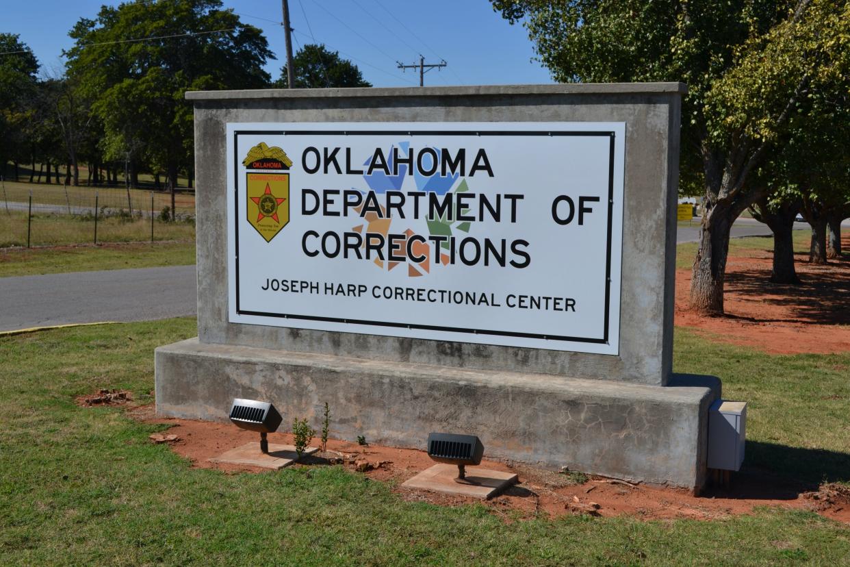 A sign for Joseph Harp Correctional Center in Lexington is pictured in October. Supporters say a Department of Corrections tablet program is helping connect inmates to services.