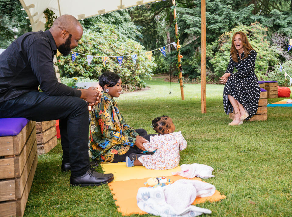 EMBARGOED TO 2230 MONDAY JULY 13 Undated handout photo issued by Kensington Palace of the Duchess of Cambridge (right) with Abu, Henrietta and their 11 month daughter Amirah, to mark the launch of a new BBC education resource called Tiny Happy People.