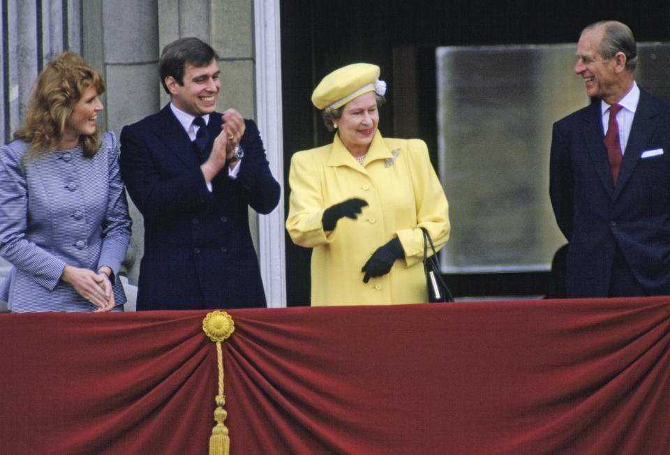 LONDON, UNITED KINGDOM - APRIL 21:  Prince Andrew With His Fiancee, Sarah Ferguson, On The Balcony Of Buckingham Palace With The Queen And Prince Philip For The Queen's 60th Birthday  (Photo by Tim Graham Photo Library via Getty Images)