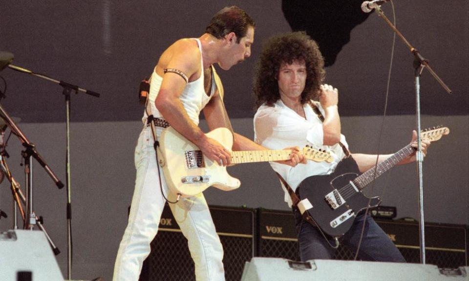 Freddie Mercury and Brian May at Live Aid in 1985. 