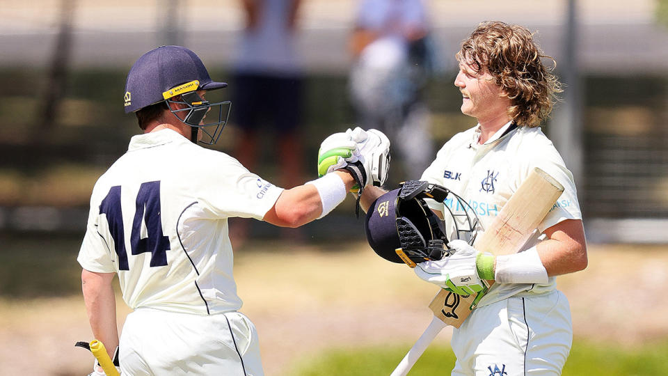 Seen here, Will Pucovski celebrates his double ton with a Victoria teammate.
