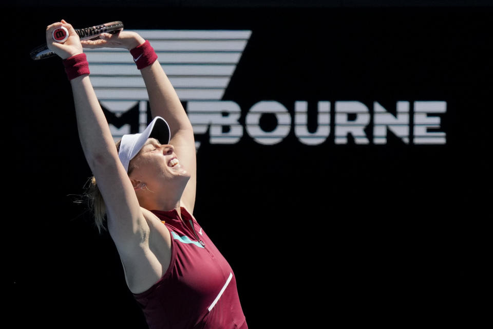 Paula Badosa of Spain celebrates after defeating Marta Kostyuk of Ukraine in their third round match at the Australian Open tennis championships in Melbourne, Australia, Friday, Jan. 21, 2022. (AP Photo/Simon Baker)