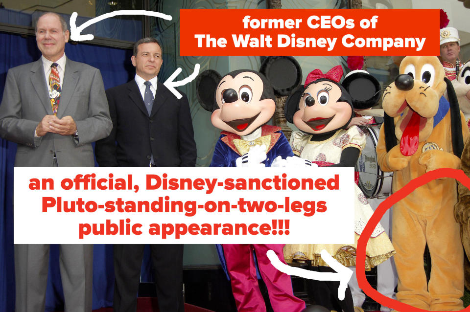 Michael Eisner, Robert Iger, Mickey, Minnie, and Pluto at Disneyland's 50th anniversary celebration