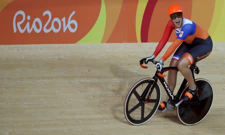 2016 Rio Olympics - Cycling Track - Final - Women's Keirin Final Race for 1st-6th Places - Rio Olympic Velodrome - Rio de Janeiro, Brazil - 13/08/2016. Elis Ligtlee (NED) of Netherlands reacts after winning gold. REUTERS/Eric Gaillard