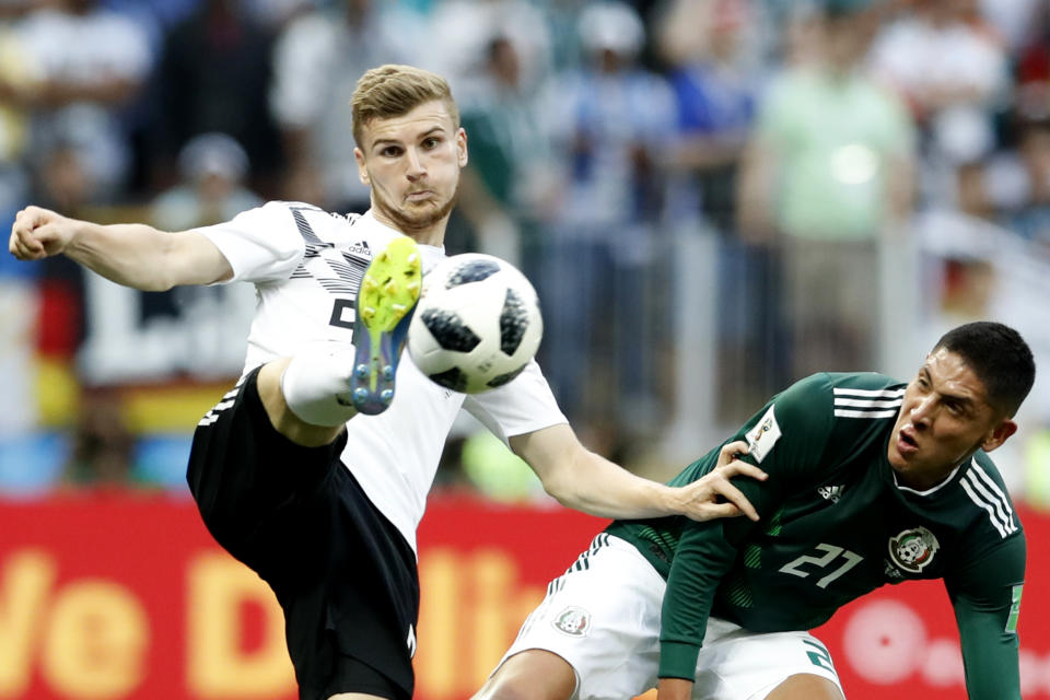 <p>Germany’s Timo Werner is in control but the holders couldn’t find a way through </p>