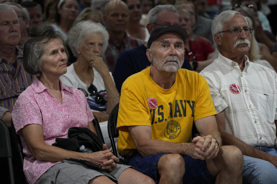 Audience members listen to Republican presidential candidate Florida Gov. Ron DeSantis speak during a campaign event, Tuesday, May 30, 2023, in Clive, Iowa. (AP Photo/Charlie Neibergall)