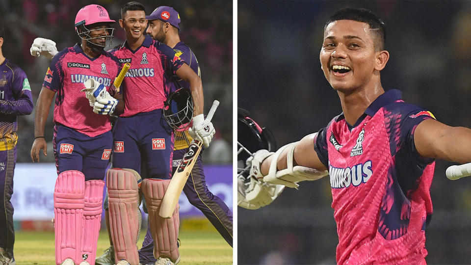 Yashasvi Jaiswal celebrates with Sanju Samson and Jaiswal celebrates his 50.