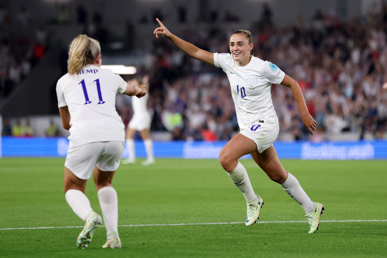 BRIGHTON, ENGLAND - JULY 20: Georgia Stanway of England celebrates after scoring her sides second goal during the UEFA Women's Euro England 2022 Quarter Final match between England and Spain at Brighton & Hove Community Stadium on July 20, 2022 in Brighton, England. (Photo by Naomi Baker/Getty Images)