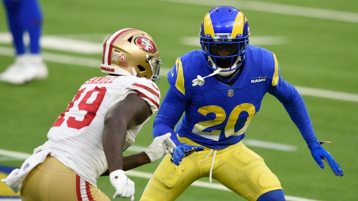 Mandatory Credit: Photo by Kelvin Kuo/AP/Shutterstock (11086215cj)Los Angeles Rams cornerback Jalen Ramsey (20) covers on San Francisco 49ers wide receiver Deebo Samuel during the first half of an NFL football game, in Inglewood, Calif49ers Rams Football, Inglewood, United States - 29 Nov 2020.