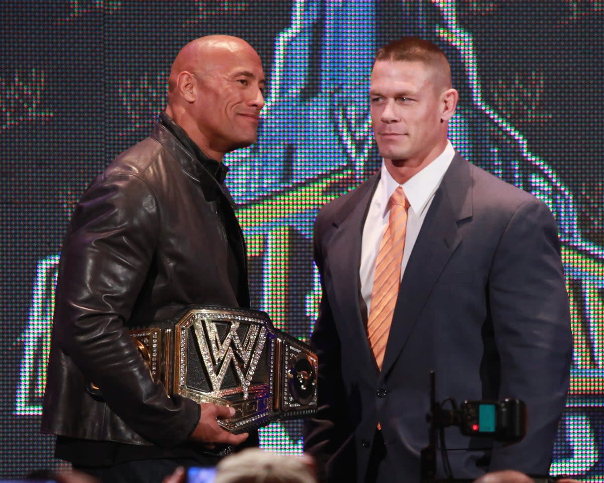 The Rock and John Cena ahead of their second straight WrestleMania main event, in 2013 (Getty Images)