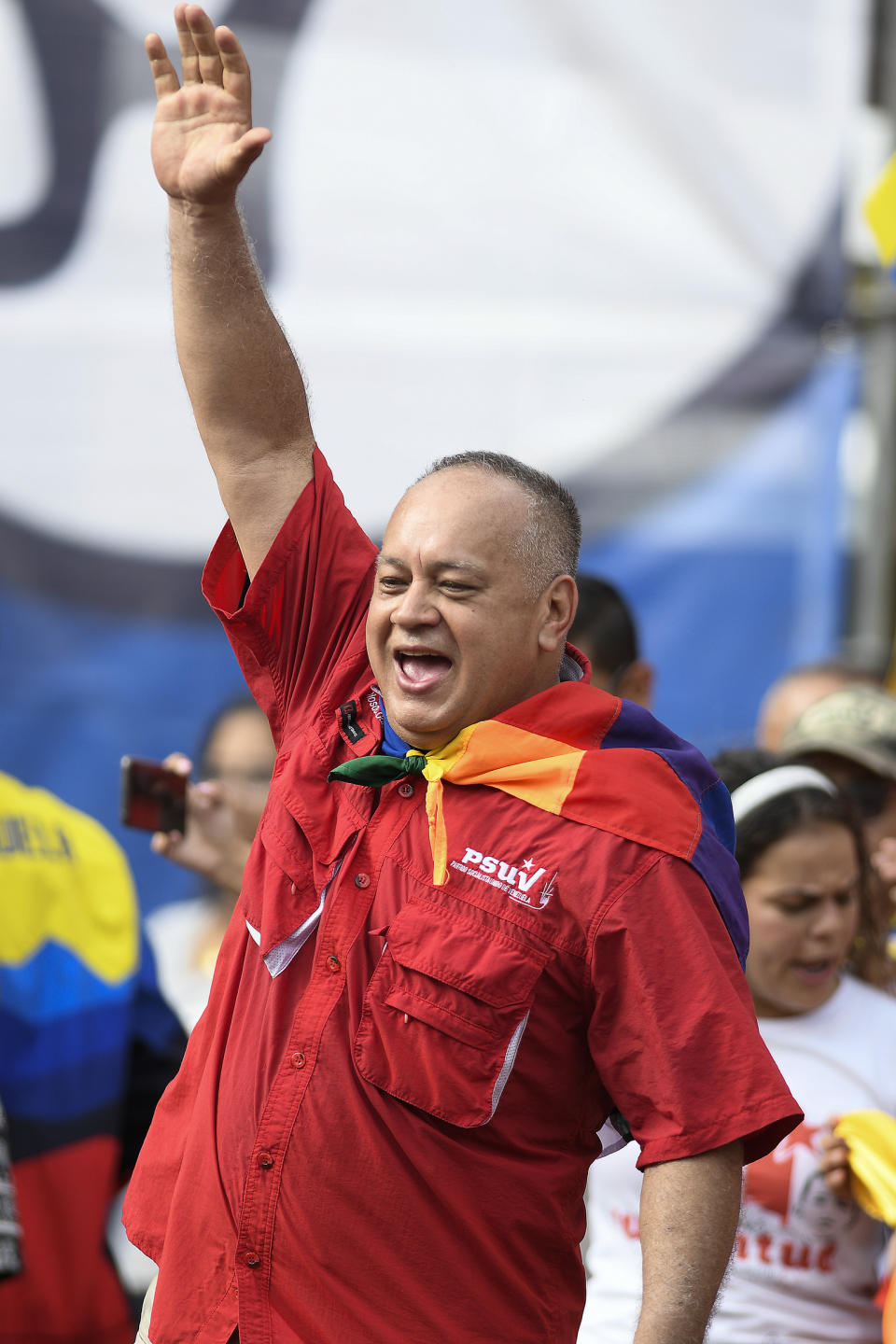 Socialist Party President Diosdado Cabello greets supporters at a pro-government rally in Caracas, Venezuela, Saturday, Nov. 16, 2019. Crowds gathered in the Venezuelan’s capital for rival demonstrations on Saturday. Opposition leader Juan Guaido called for Saturday’s nationwide demonstrations to re-ignite a campaign against President Nicolas Maduro launched in January that has lost steam in recent months. (AP Photo/Matias Delacroix)