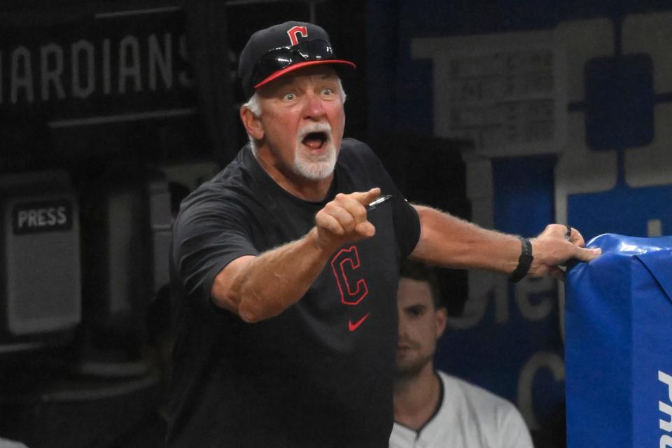 Aug 26, 2024; Cleveland, Ohio, USA; Cleveland Guardians pitching coach Carl Willis (51) reacts after he was ejected in the sixth inning against the Kansas City Royals at Progressive Field. Mandatory Credit: David Richard-USA TODAY Sports