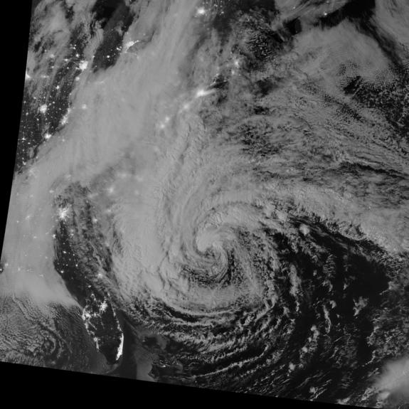 This night-view image of Hurricane Sandy was acquired by the Visible Infrared Imaging Radiometer Suite (VIIRS) on the Suomi NPP satellite around 2:42 a.m. Eastern Daylight Time (06:42 Universal Time) on October 28, 2012. In this case, the cloud