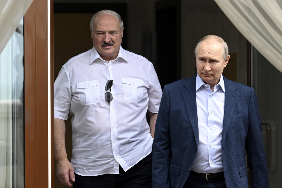 Alexander Lukashenko, left, and Vladimir Putin during their meeting in Sochi, Russia (Pavel Bednyakov / Sputnik via AP file )
