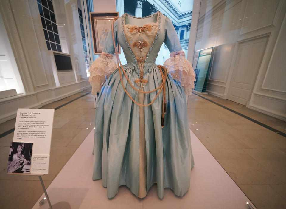 A Georgian style dress worn by Princess Margaret, Countess of Snowdon, by Oliver Messel (dress made by M. Berman Ltd) 1964, at Royal Style in the Making, a new exhibition at Kensington Palace in London, which opens to the public on June 3. Picture date: Wednesday June 2, 2021.