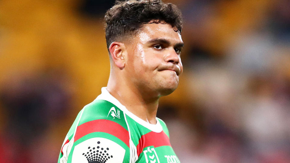 Latrell Mitchell will miss the rest of the NRL season after accepting a six-week ban for a high shot on former Sydney Roosters teammate Joey Manu. (Photo by Chris Hyde/Getty Images)