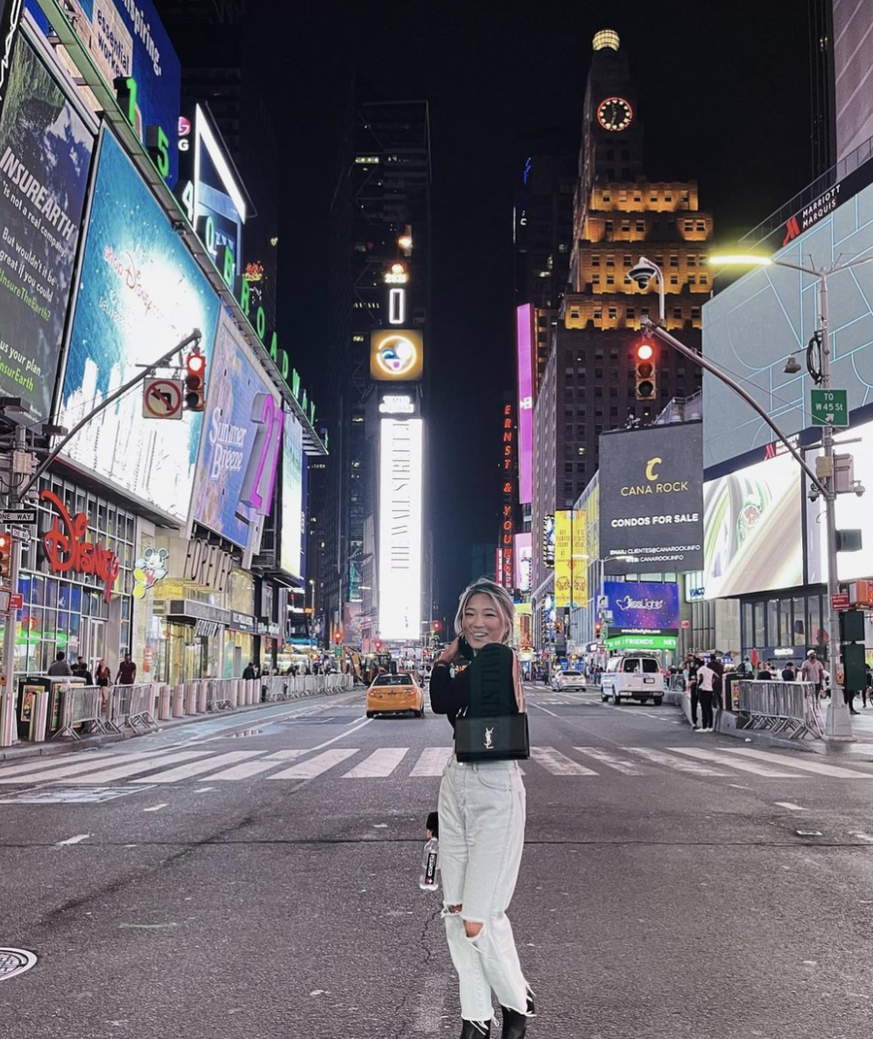 Sophia posing for a photo near Times Square