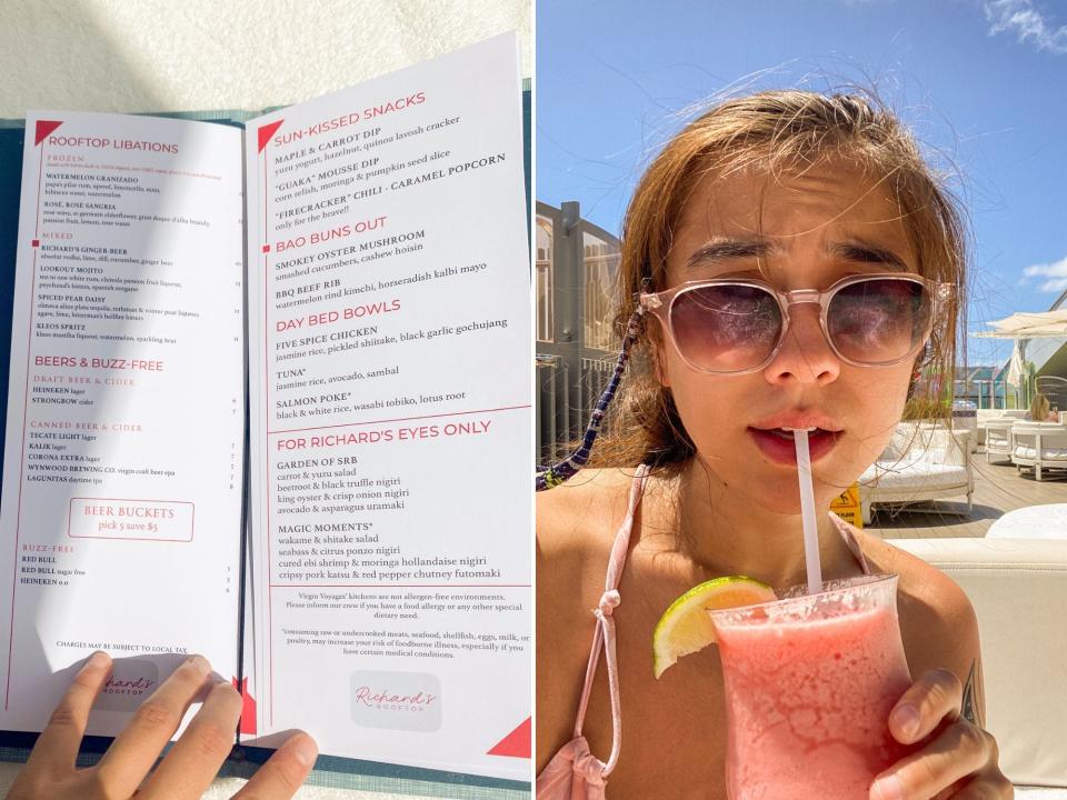 Left: a menu book opened up with red and black text on the pages. Right: The author sips a strawberry daiquiri in sunglasses with blue skies behind her.