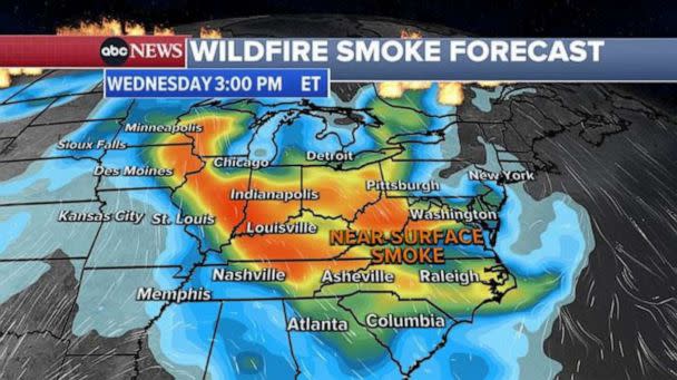 PHOTO: Smoke from Canadian wildfires is forecast to blanket parts of the United States, from Minnesota to Washington D.C. and down to the Carolinas, on June 28, 2023. (ABC News)