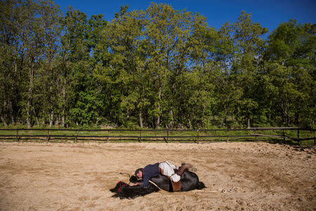Fernando Noailles, emotional therapist, lays on top of his horse named Madrid in Guadalix de la Sierra, outside Madrid, Spain, May 31, 2016. Noailles uses his animals to help people suffering from stress and anxiety. REUTERS/Juan Medina