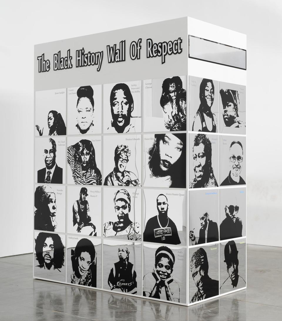 Lauren Halsey, black history wall of respect (II), 2021. Vinyl, acrylic, and mirror on wood. 19 7/8 x 96 1/8 x 48 1/8 inches / 50.5 x 244.2 x 122.2 cm.