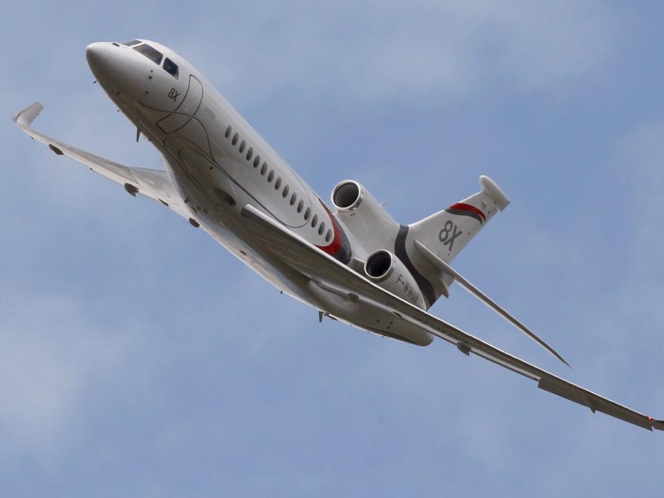 The Dassault Falcon 8X takes to the air at Le Bourget airport on June 19.