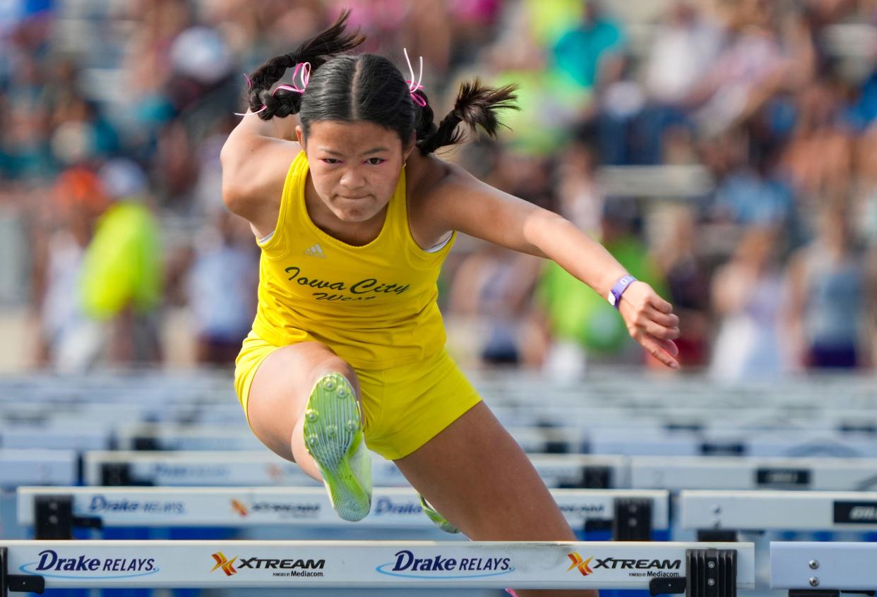 Sophia Olivo Iowa City West runs the Girls Shuttle Hurdle Relay at the state girls track and field meet at Drake University on Thursday, May 18, 2023.